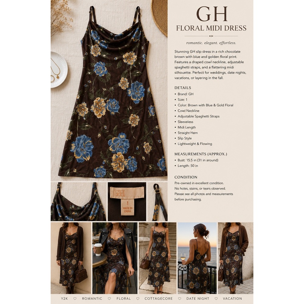 GH Floral Midi Dress Brown‎ Blue Gold Cowl Neck Adjustable Straps Size L